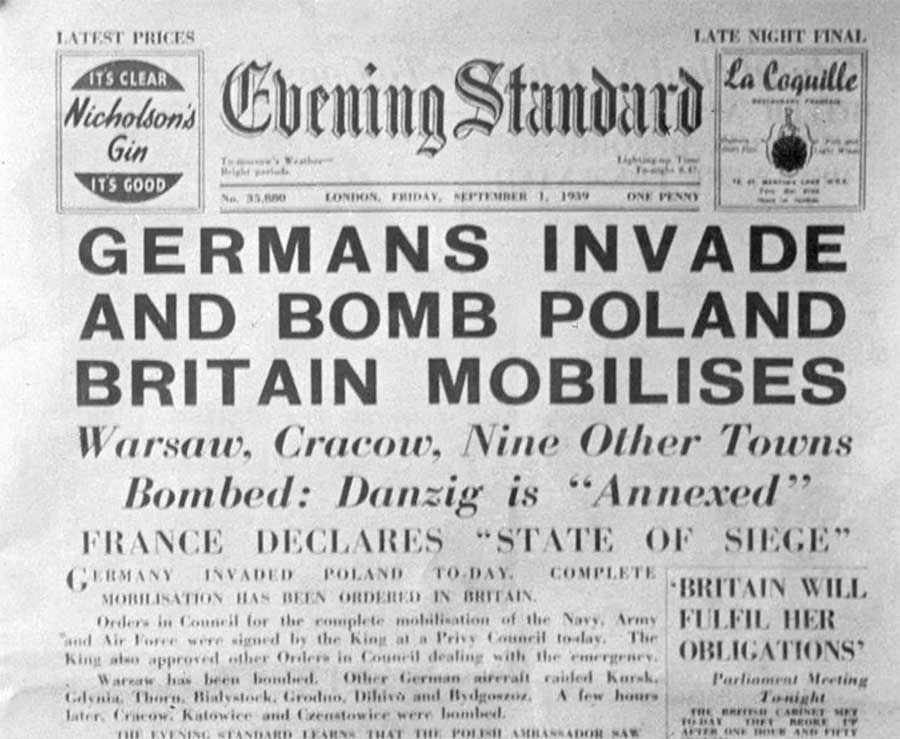Evening Standard headline Germany invades Poland